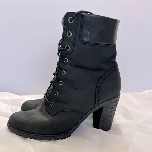 Timberland Earthkeepers Glancy Lace Up Heeled Boots Booties Leather Sz 9.5 Black