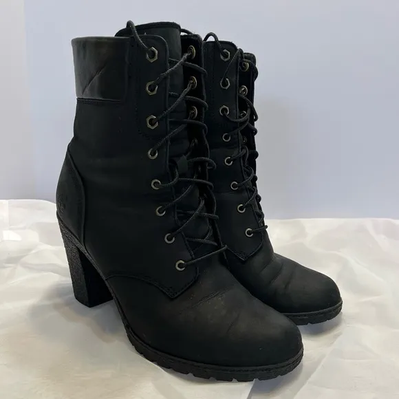 Timberland Earthkeepers Glancy Lace Up Heeled Boots Booties Leather Sz 9.5 Black