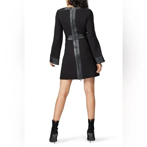 Toccin Black Faux Leather Trim Flare Sleeve Exposed Zipper Mod Mini Shift Dress