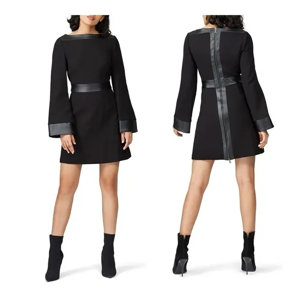 Toccin Black Faux Leather Trim Flare Sleeve Exposed Zipper Mod Mini Shift Dress