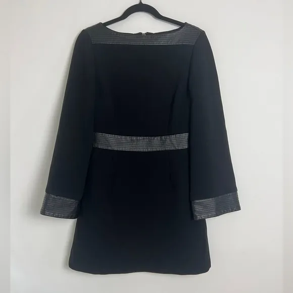 Toccin Black Faux Leather Trim Flare Sleeve Exposed Zipper Mod Mini Shift Dress