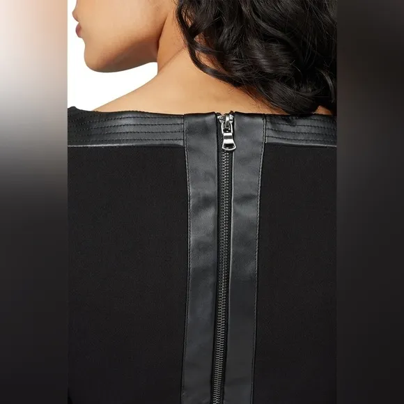 Toccin Black Faux Leather Trim Flare Sleeve Exposed Zipper Mod Mini Shift Dress