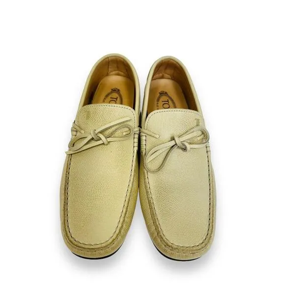 TOD’S Beige Grained Leather Bow Accent Lacetto Gomma Flats Loafers Size 6