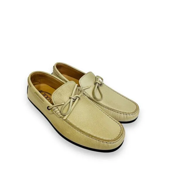 TOD’S Beige Grained Leather Bow Accent Lacetto Gomma Flats Loafers Size 6