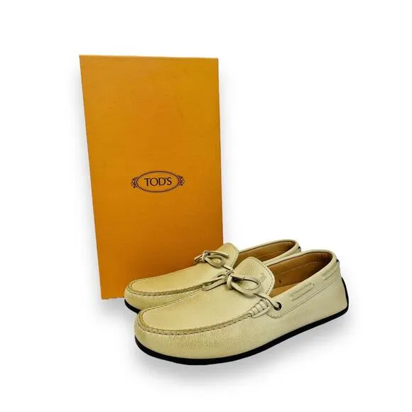 TOD’S Beige Grained Leather Bow Accent Lacetto Gomma Flats Loafers Size 6
