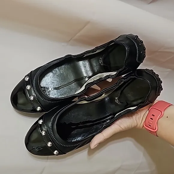 Tod's black patent leather ballerina flats studded detail Women's 7