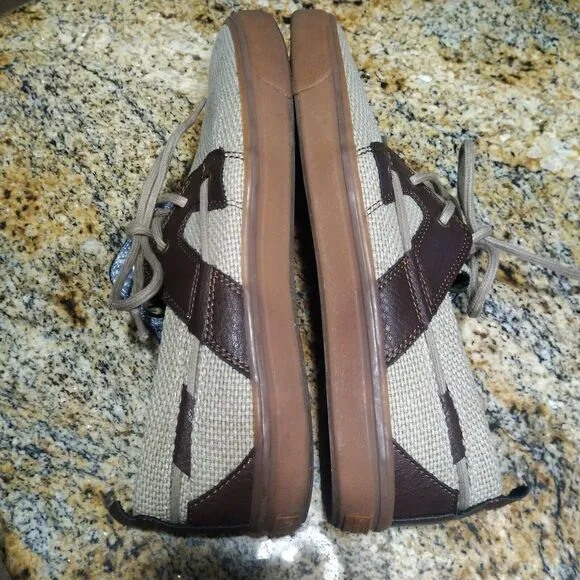 Tommy Bahama Stripe Breaker Boat Shoes Cream Brown Leather Canvas Men's Size 10