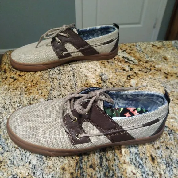 Tommy Bahama Stripe Breaker Boat Shoes Cream Brown Leather Canvas Men's Size 10
