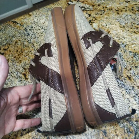 Tommy Bahama Stripe Breaker Boat Shoes Cream Brown Leather Canvas Men's Size 10