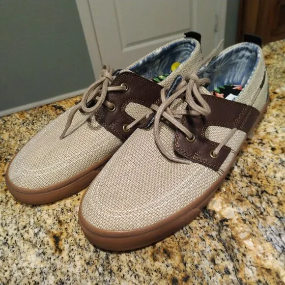 Tommy Bahama Stripe Breaker Boat Shoes Cream Brown Leather Canvas Men's Size 10