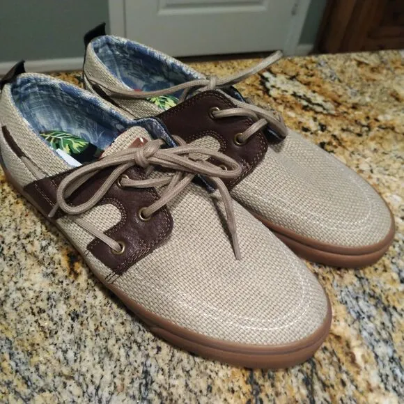 Tommy Bahama Stripe Breaker Boat Shoes Cream Brown Leather Canvas Men's Size 10