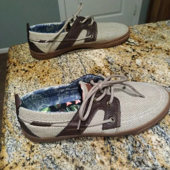 Tommy Bahama Stripe Breaker Boat Shoes Cream Brown Leather Canvas Men's Size 10