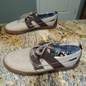 Tommy Bahama Stripe Breaker Boat Shoes Cream Brown Leather Canvas Men's Size 10
