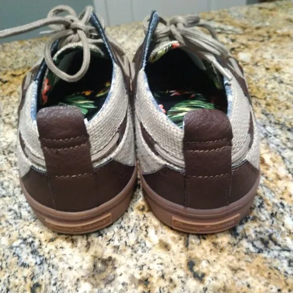 Tommy Bahama Stripe Breaker Boat Shoes Cream Brown Leather Canvas Men's Size 10