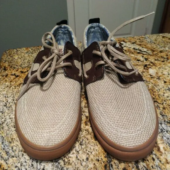 Tommy Bahama Stripe Breaker Boat Shoes Cream Brown Leather Canvas Men's Size 10