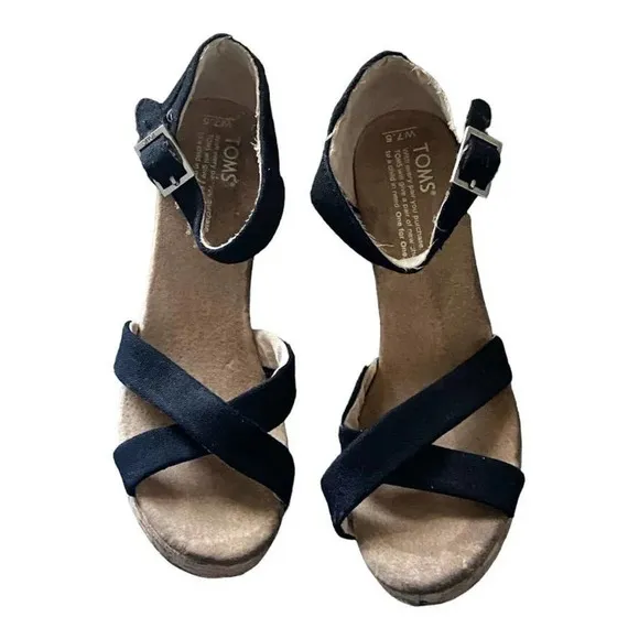 Toms Black Wedges Sandals Size 7.5 Open Toe Ankle Strap Heel Wedge Casual