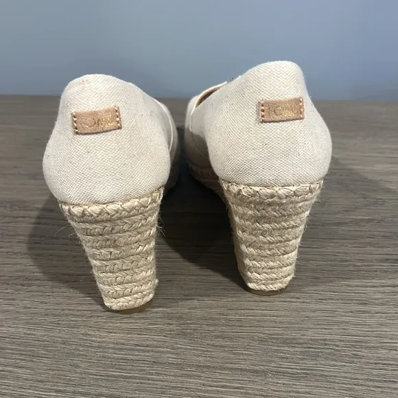 Toms Michelle Recycled Peep-Toe Espadrille Wedges - EUC Dark Natural Linen - 10