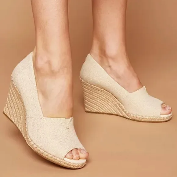 Toms Michelle Recycled Peep-Toe Espadrille Wedges - EUC Dark Natural Linen - 10