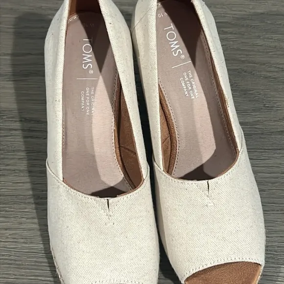 Toms Michelle Recycled Peep-Toe Espadrille Wedges - EUC Dark Natural Linen - 10