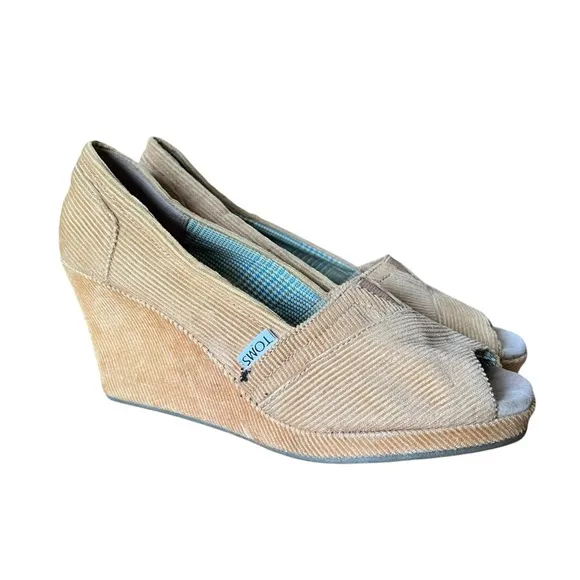 TOMS Women's Corduroy Peep Toe Calypso Wedge Slip On Sandals Brown Size W 8