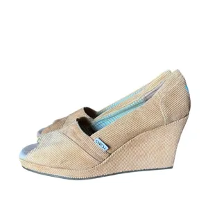 TOMS Women's Corduroy Peep Toe Calypso Wedge Slip On Sandals Brown Size W 8