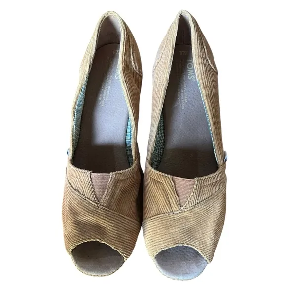 TOMS Women's Corduroy Peep Toe Calypso Wedge Slip On Sandals Brown Size W 8