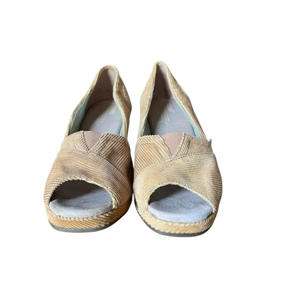 TOMS Women's Corduroy Peep Toe Calypso Wedge Slip On Sandals Brown Size W 8