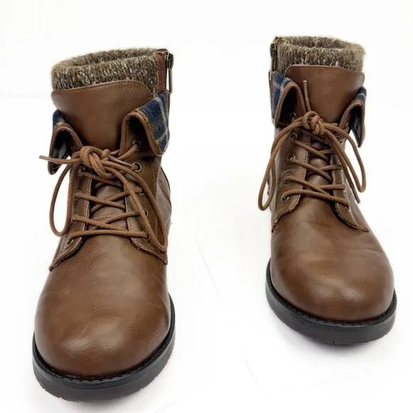 Torrid Brown Sweater Knit Cuff Combat Lace Up Faux Leather Bootie Zip Up Plaid 9