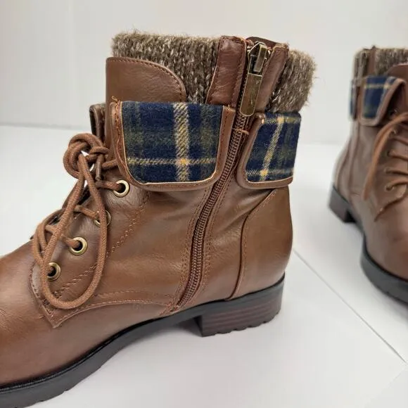Torrid Brown Sweater Knit Cuff Combat Lace Up Faux Leather Bootie Zip Up Plaid 9