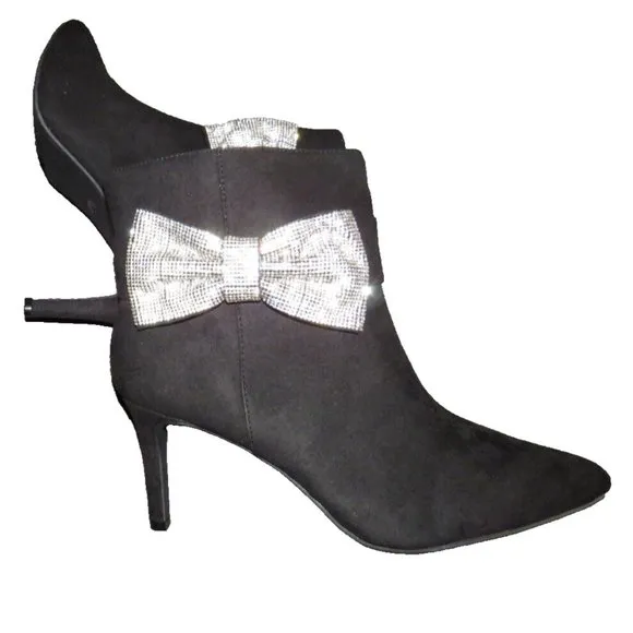 Torrid Women's Size 12WW Black Faux Suede Rhinestone Bow Stilletto Ankle Boots