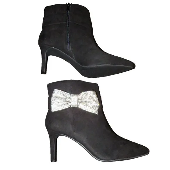 Torrid Women's Size 12WW Black Faux Suede Rhinestone Bow Stilletto Ankle Boots