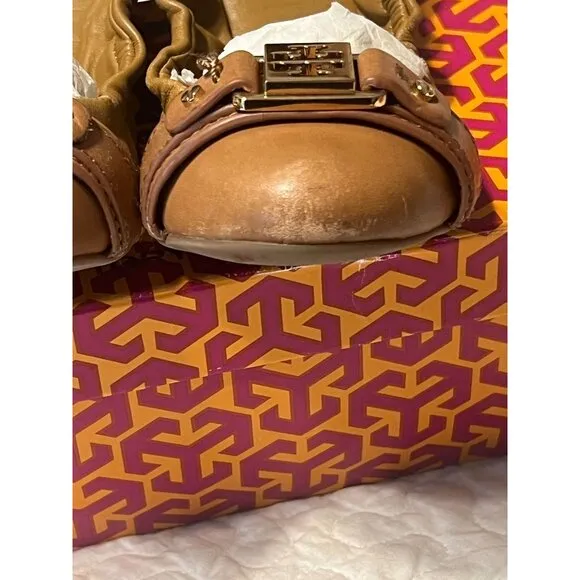 TORY BURCH Ambrose Ballet Flats Leather Camel Brown Gold Buckle Women's Size 7 B
