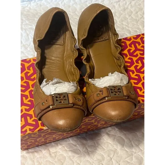 TORY BURCH Ambrose Ballet Flats Leather Camel Brown Gold Buckle Women's Size 7 B