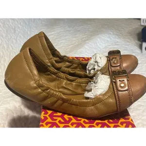 TORY BURCH Ambrose Ballet Flats Leather Camel Brown Gold Buckle Women's Size 7 B