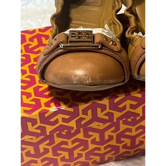 TORY BURCH Ambrose Ballet Flats Leather Camel Brown Gold Buckle Women's Size 7 B