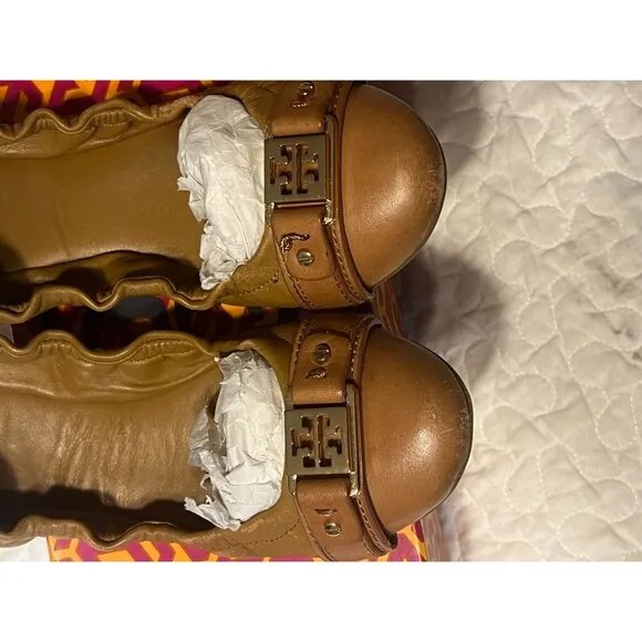 TORY BURCH Ambrose Ballet Flats Leather Camel Brown Gold Buckle Women's Size 7 B