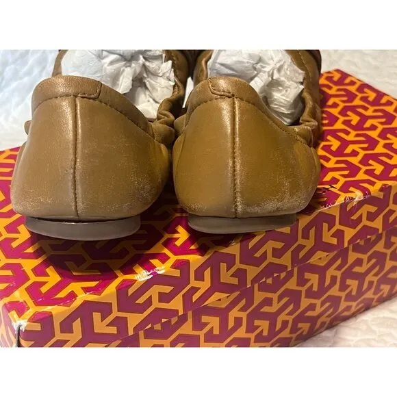 TORY BURCH Ambrose Ballet Flats Leather Camel Brown Gold Buckle Women's Size 7 B