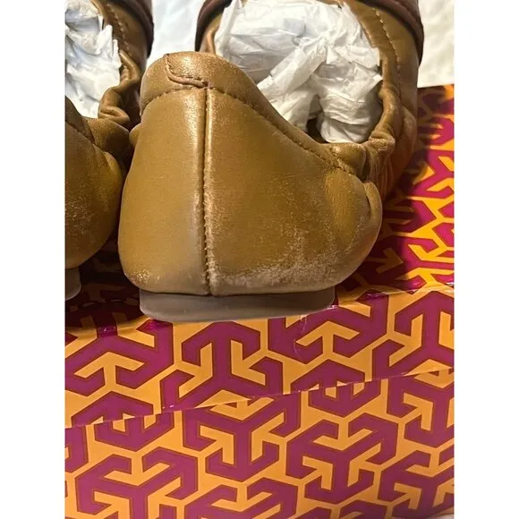 TORY BURCH Ambrose Ballet Flats Leather Camel Brown Gold Buckle Women's Size 7 B