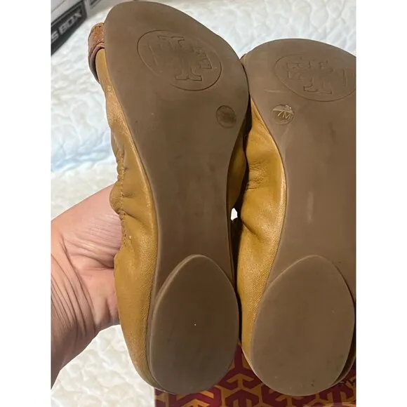 TORY BURCH Ambrose Ballet Flats Leather Camel Brown Gold Buckle Women's Size 7 B