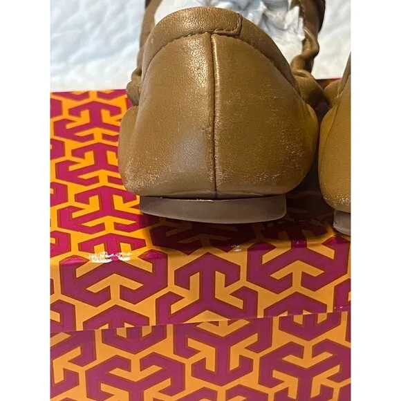 TORY BURCH Ambrose Ballet Flats Leather Camel Brown Gold Buckle Women's Size 7 B