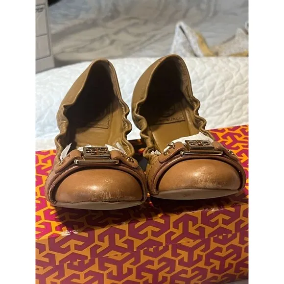TORY BURCH Ambrose Ballet Flats Leather Camel Brown Gold Buckle Women's Size 7 B