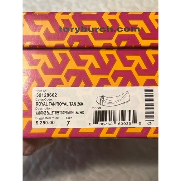TORY BURCH Ambrose Ballet Flats Leather Camel Brown Gold Buckle Women's Size 7 B