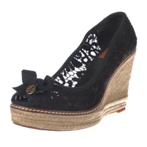 TORY BURCH &quot;JACKIE&quot; BLACK LACE ESPADRILLE WEDGES Heels Sz 10.5 EUC