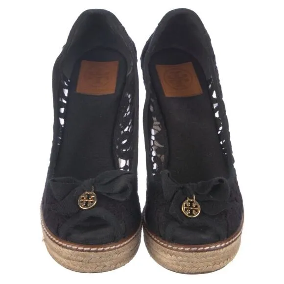 TORY BURCH &quot;JACKIE&quot; BLACK LACE ESPADRILLE WEDGES Heels Sz 10.5 EUC