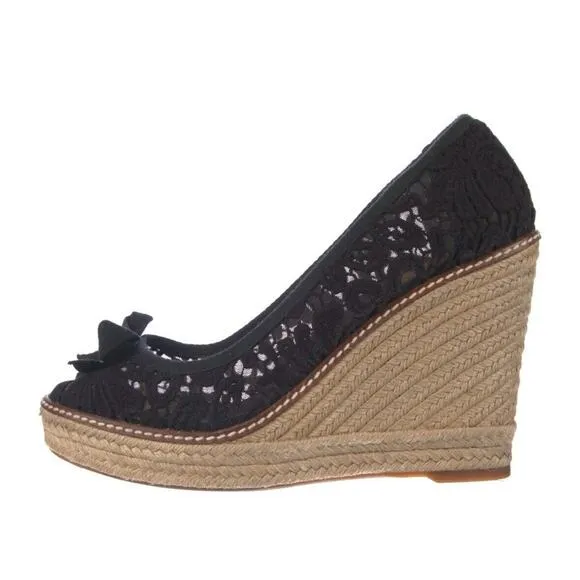 TORY BURCH &quot;JACKIE&quot; BLACK LACE ESPADRILLE WEDGES Heels Sz 10.5 EUC