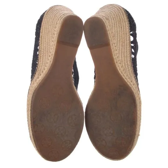 TORY BURCH &quot;JACKIE&quot; BLACK LACE ESPADRILLE WEDGES Heels Sz 10.5 EUC
