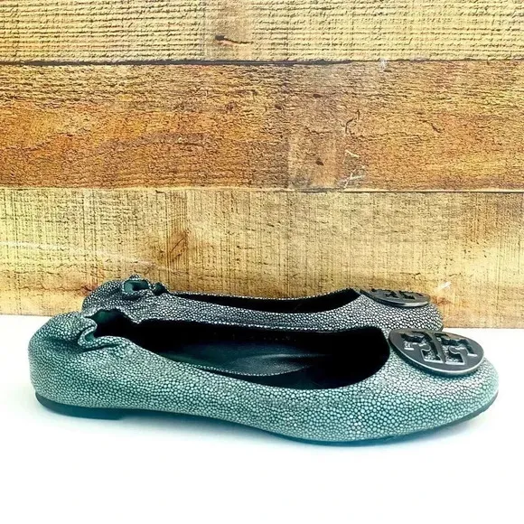 Tory Burch Aqua Reva Speckled Pebbled Leather Logo Flats