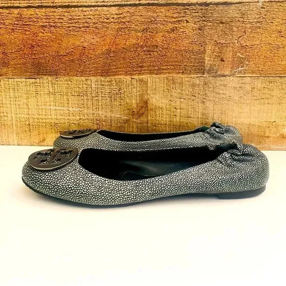 Tory Burch Aqua Reva Speckled Pebbled Leather Logo Flats