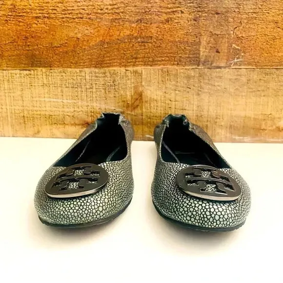 Tory Burch Aqua Reva Speckled Pebbled Leather Logo Flats
