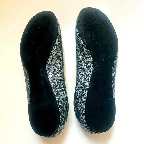 Tory Burch Aqua Reva Speckled Pebbled Leather Logo Flats